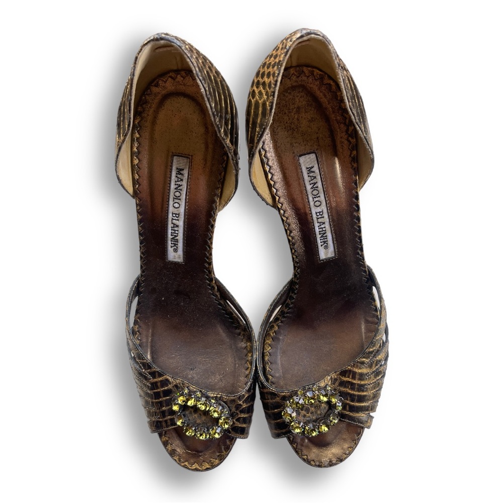 Manolo Blahnik - Green Snakeskin Peep Toe Heels